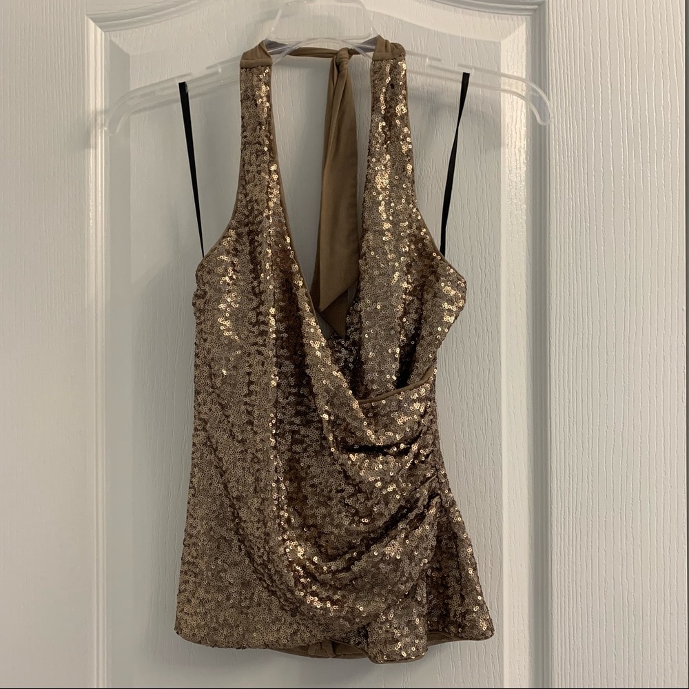 Gold Sequinned Bebe Halter Top Extra Small